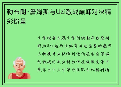 勒布朗·詹姆斯与Uzi激战巅峰对决精彩纷呈